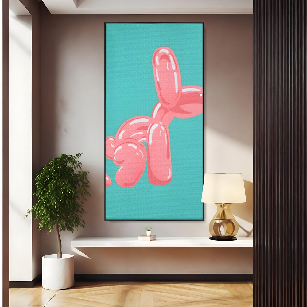 Tablou canvas cu ilustratie caine balon roz, in rama de aluminiu negru